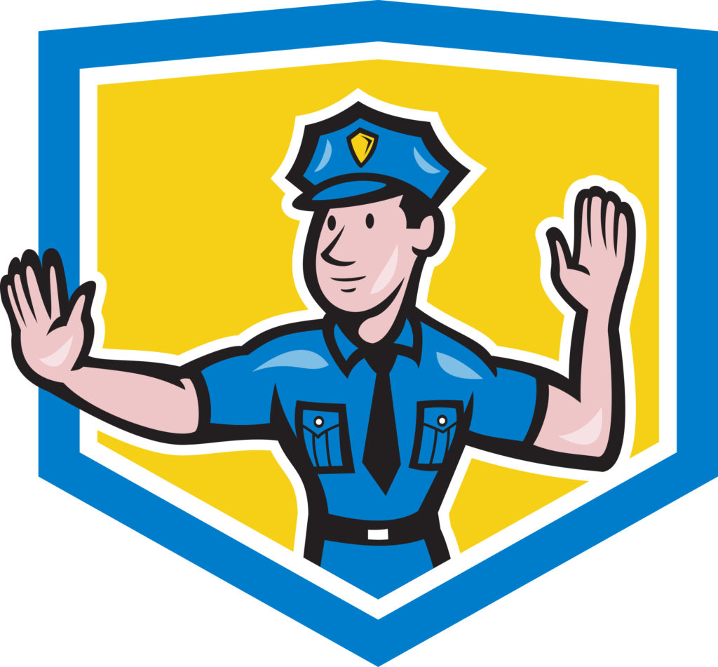 Illustration of a traffic policeman police officer making a stop hand signal gesture set inside crest shield done in cartoon style on isolated background.