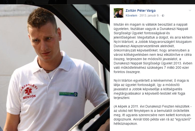 Varga Zoltán Péter, ügyeleti ruhában, Facebook-bejegyzéssel